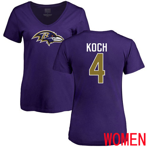 Baltimore Ravens Purple Women Sam Koch Name and Number Logo NFL Football #4 T Shirt->women nfl jersey->Women Jersey